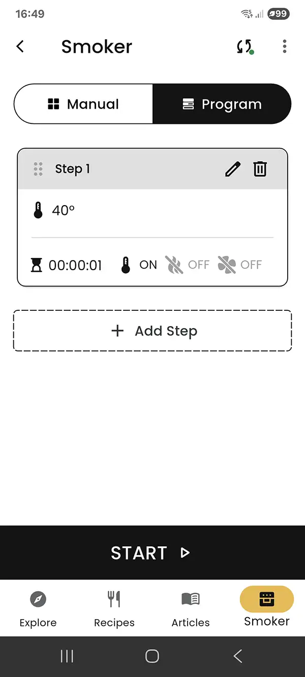 Program steps list and + Add step button