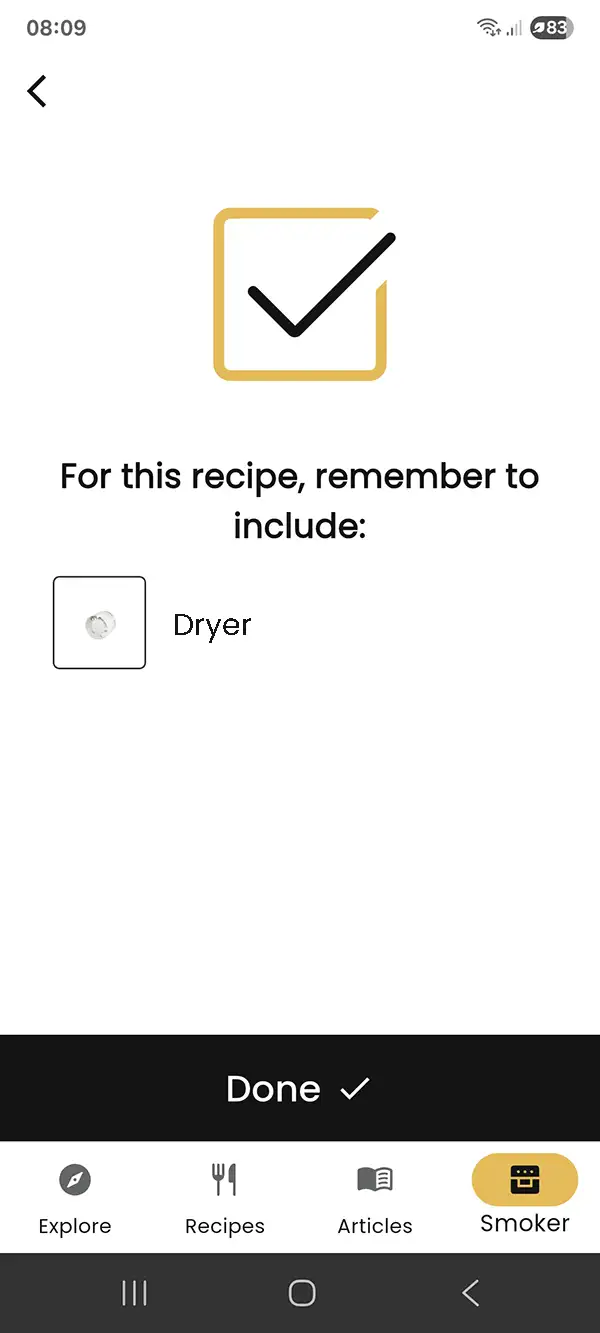 Accessory checklist required for the recipe