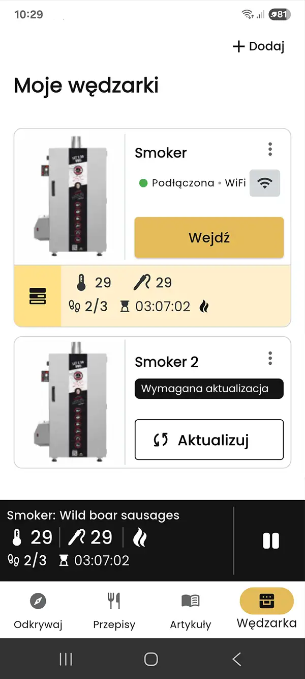 Panel wędzarni - lista urządzeń