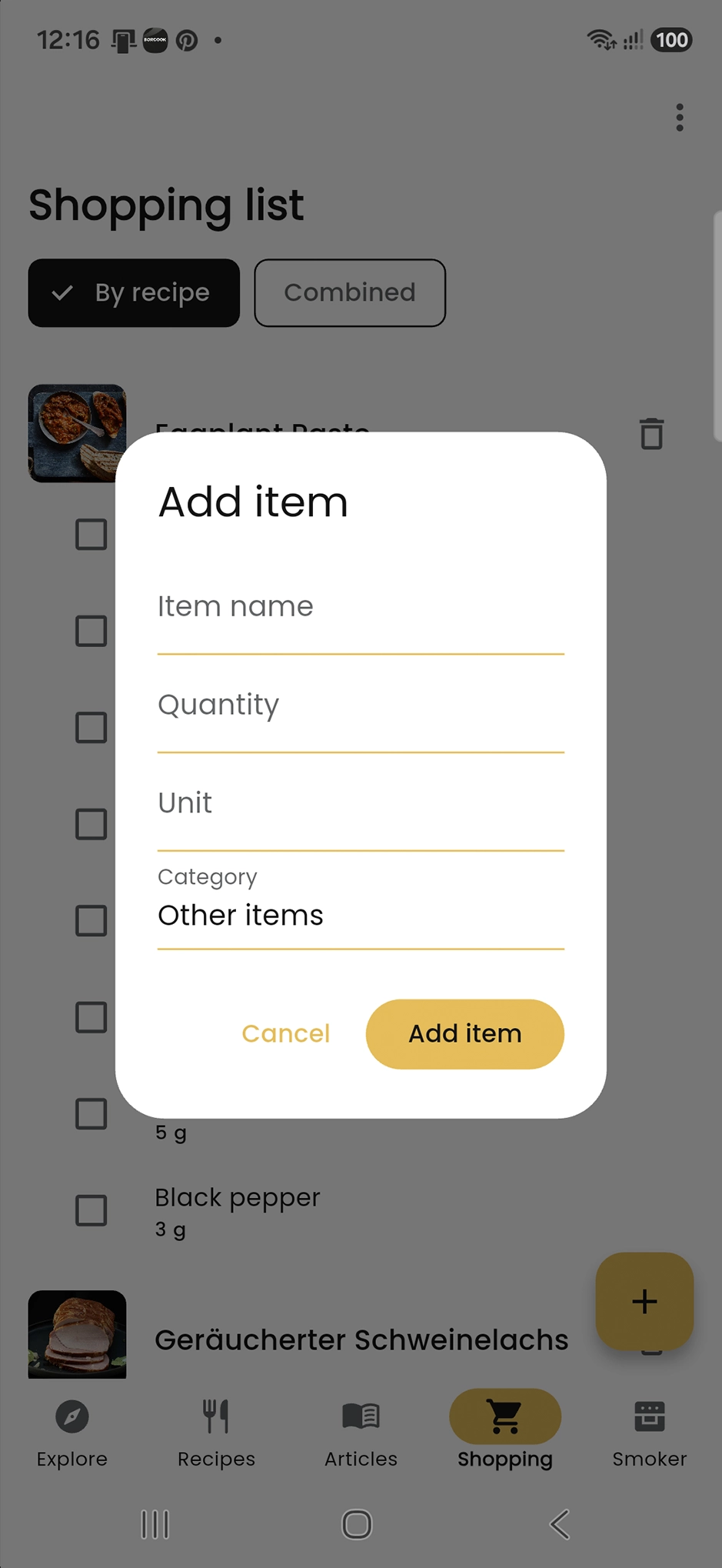 Manually adding an item to the shopping list