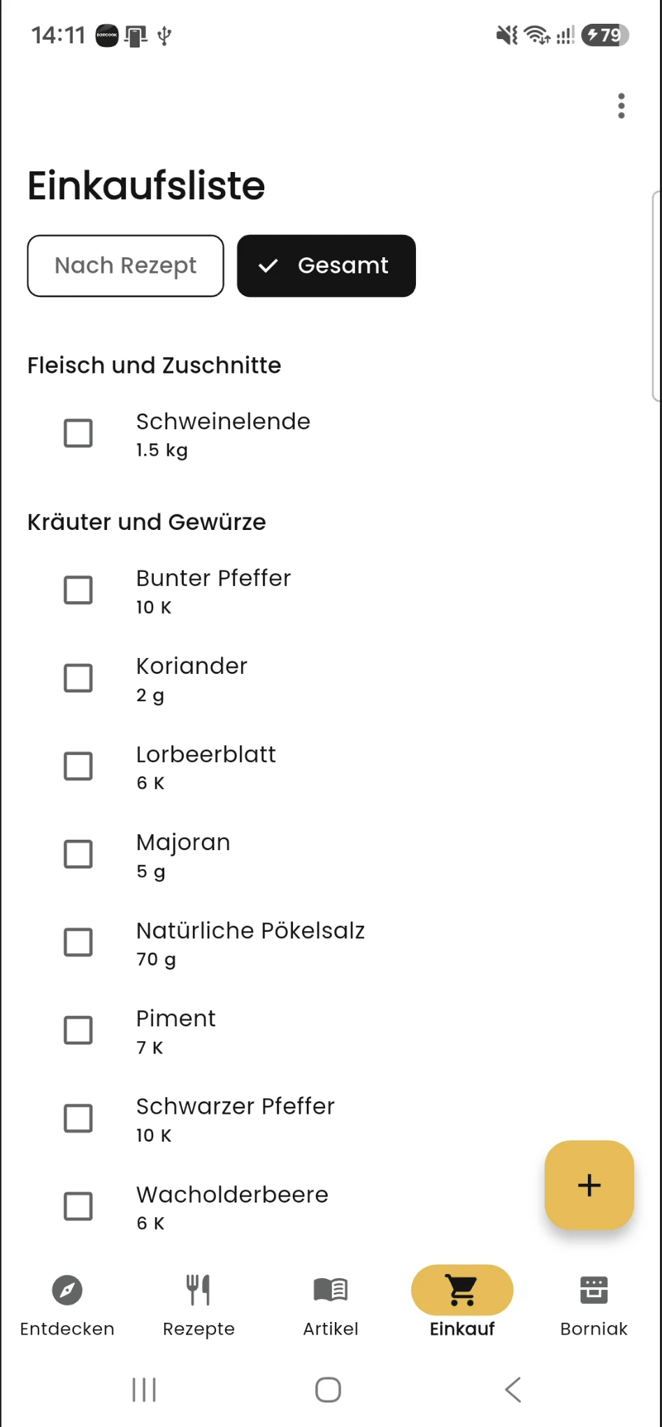 Einkaufsliste mit markierten Artikeln