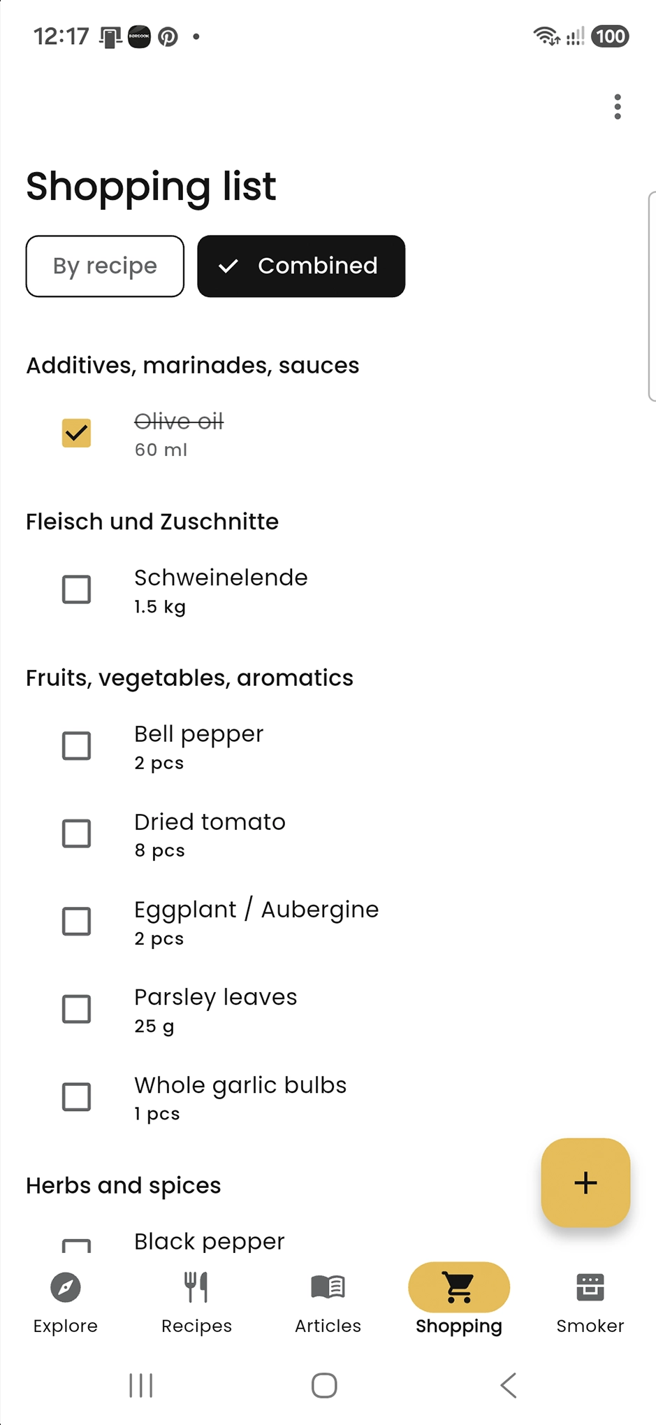 Shopping list with checked items