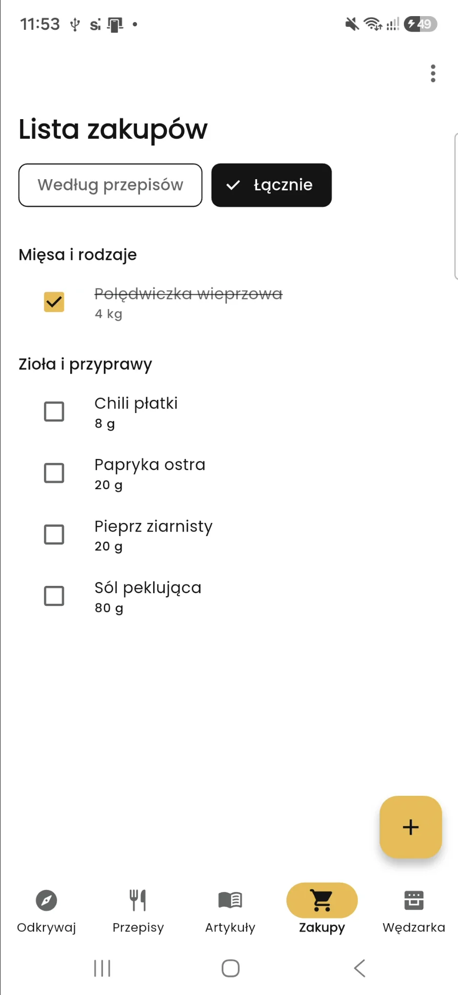 Lista zakupów z zaznaczonymi pozycjami