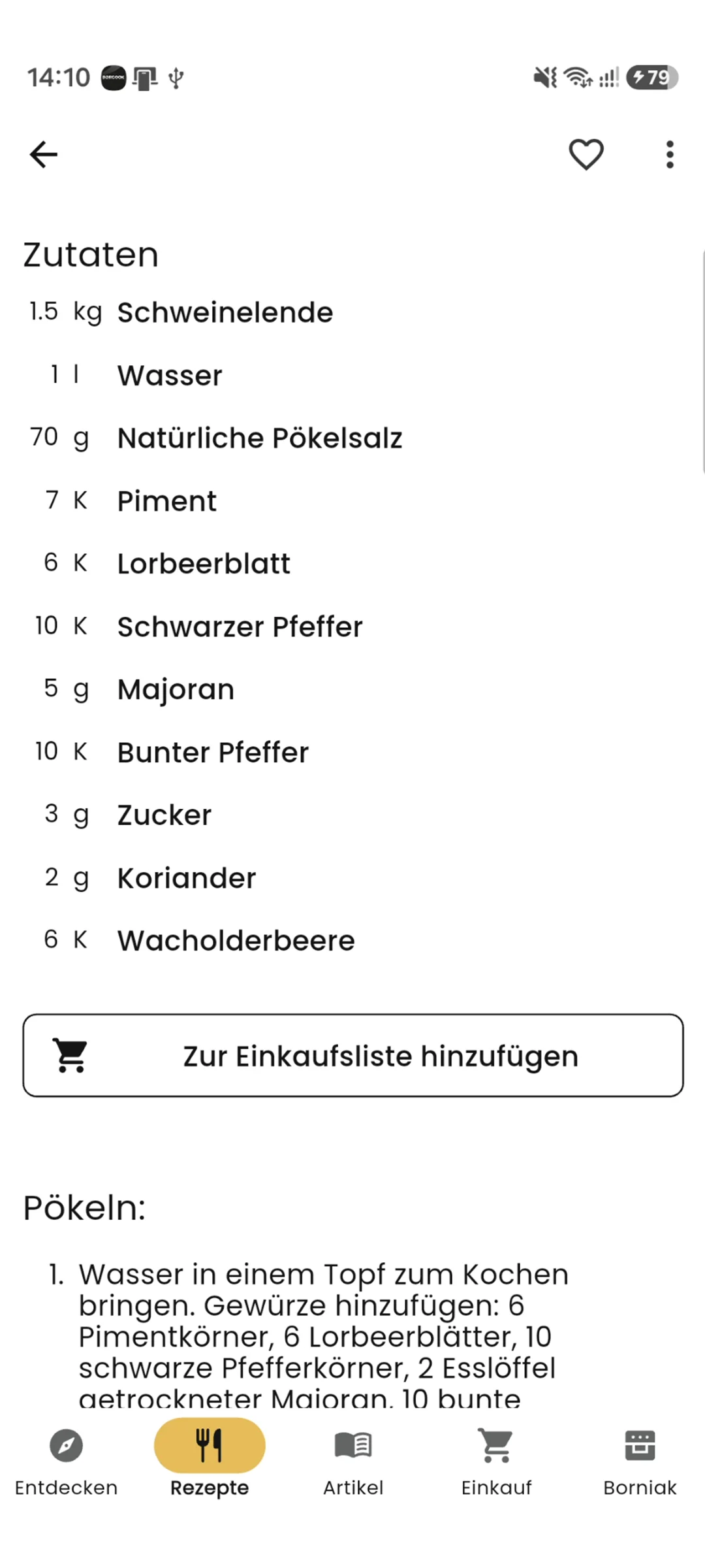 Rezeptzutaten zur Einkaufsliste hinzufügen