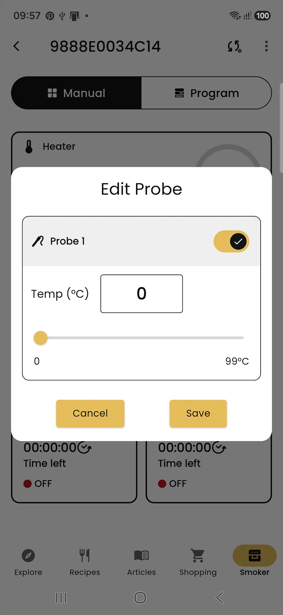 Setting the probe temperature