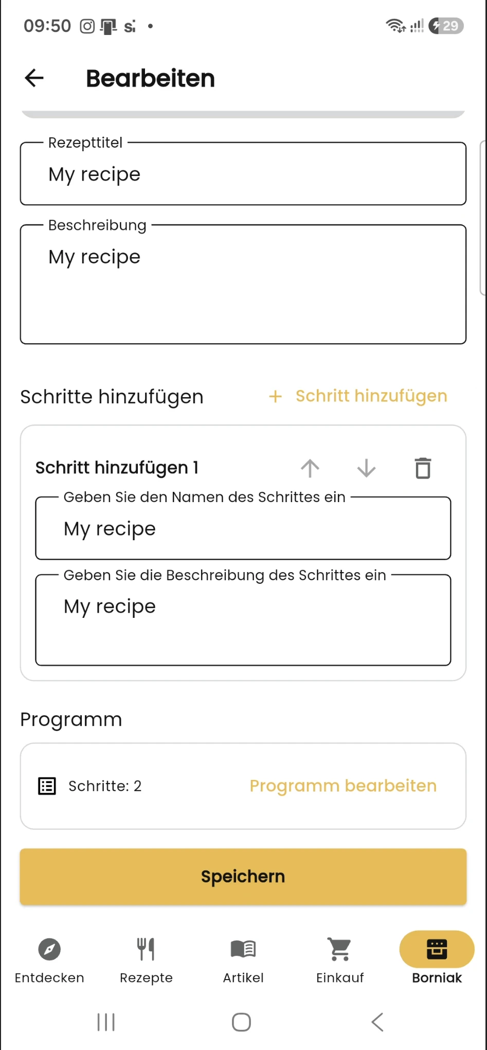 Programm zum eigenen Rezept hinzufügen