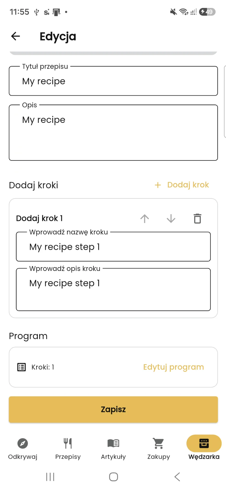Dodawanie programu do własnego przepisu