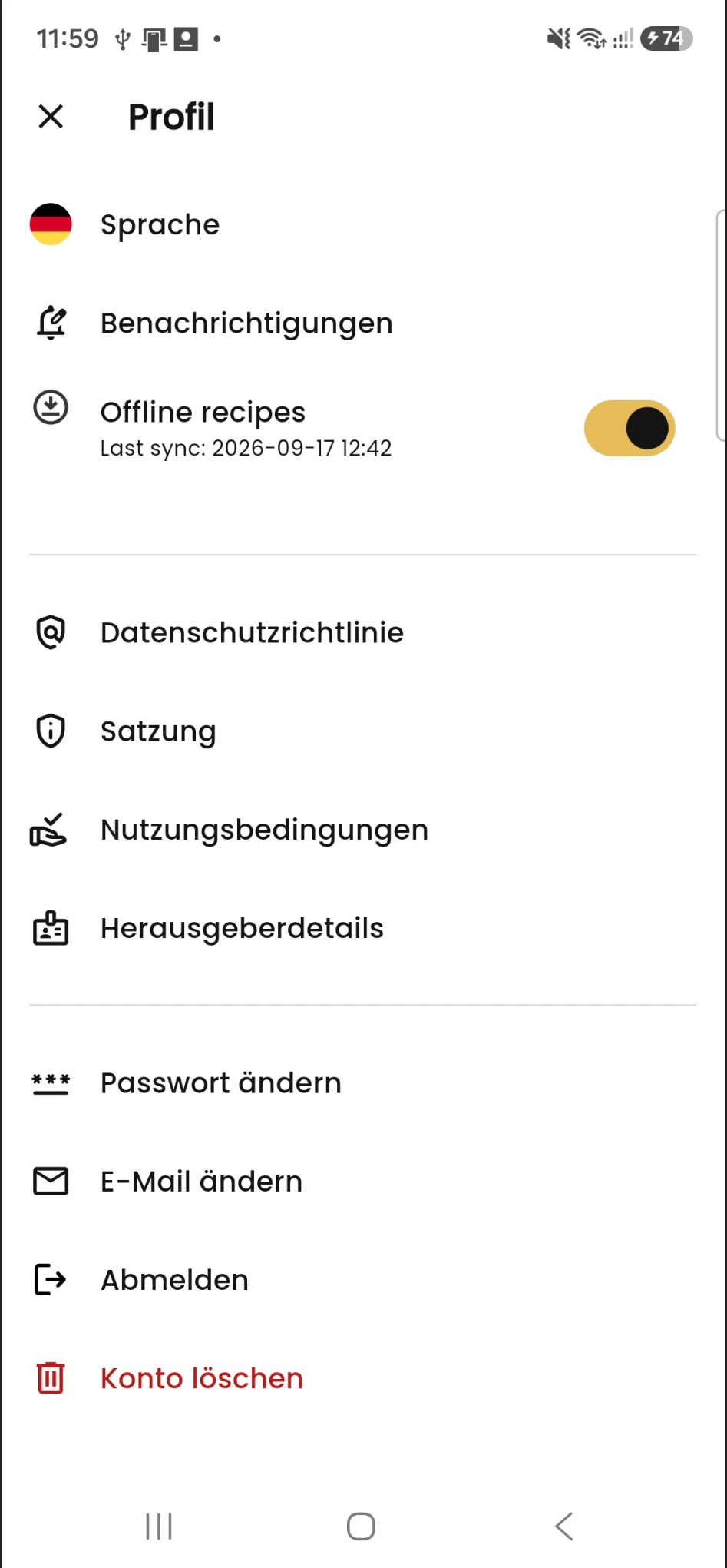 Option zum Löschen des BORCOOK Kontos