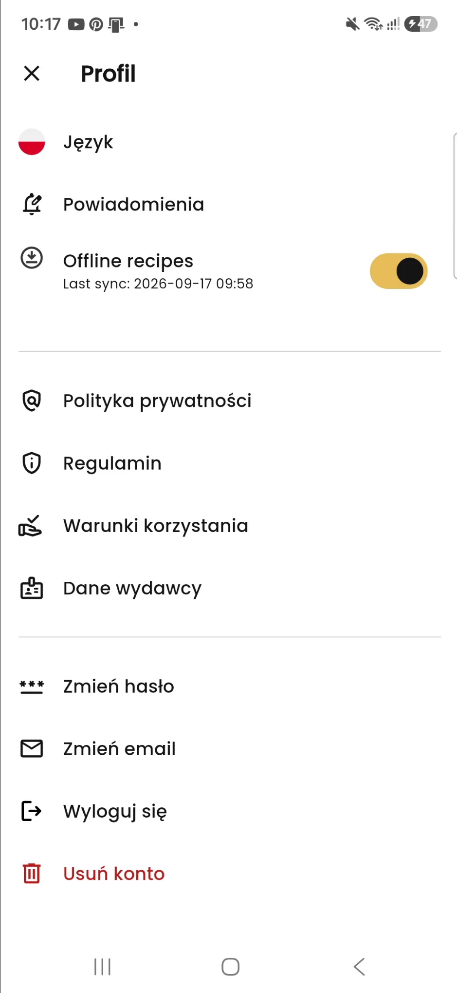 Opcja usuwania konta BORCOOK