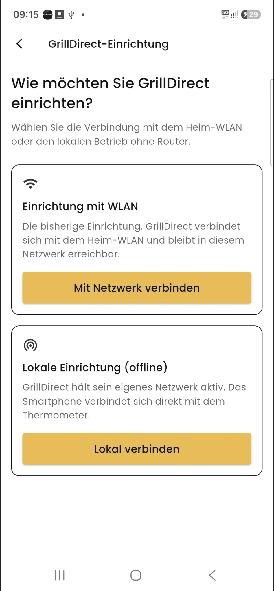 GrillDirect Einrichtungsmethode auswählen
