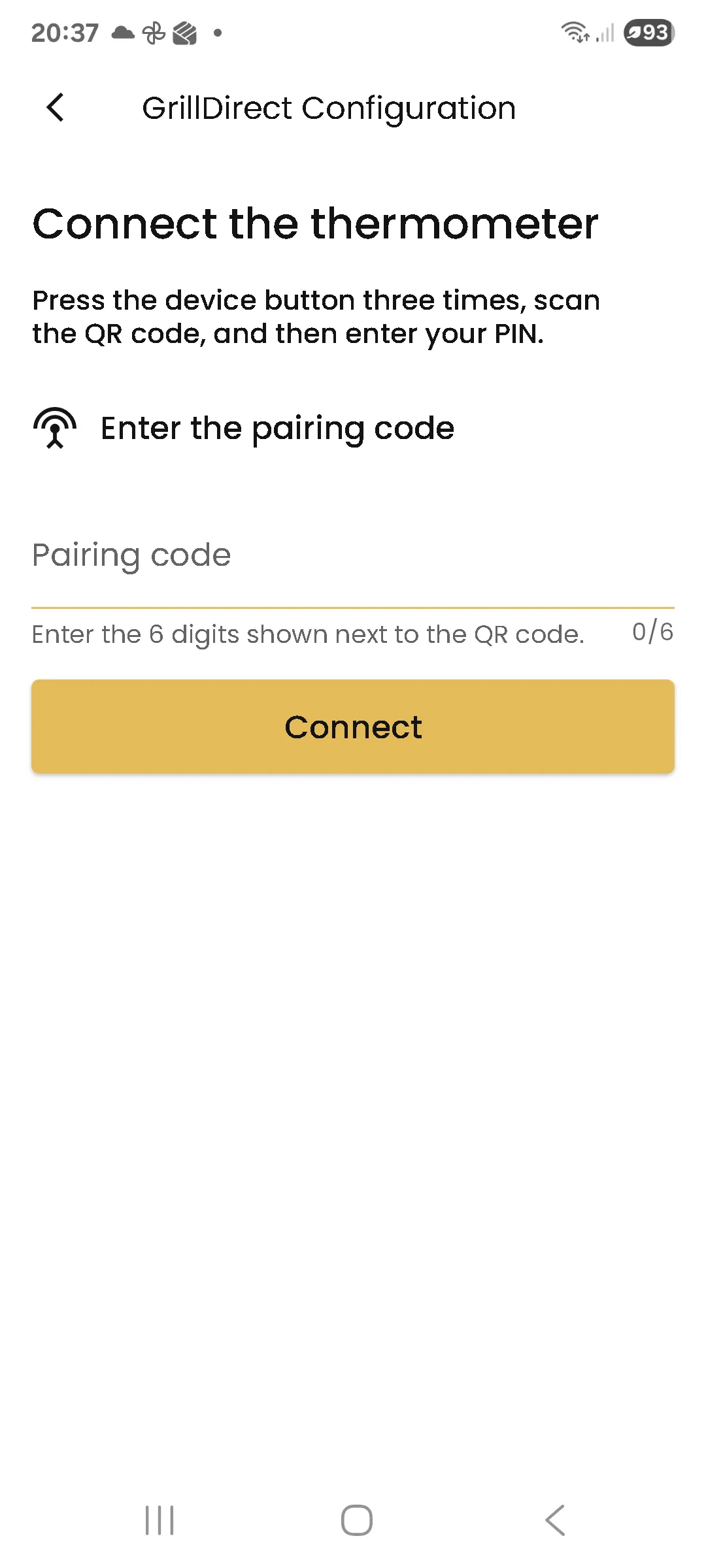 Entering the GrillDirect pairing code