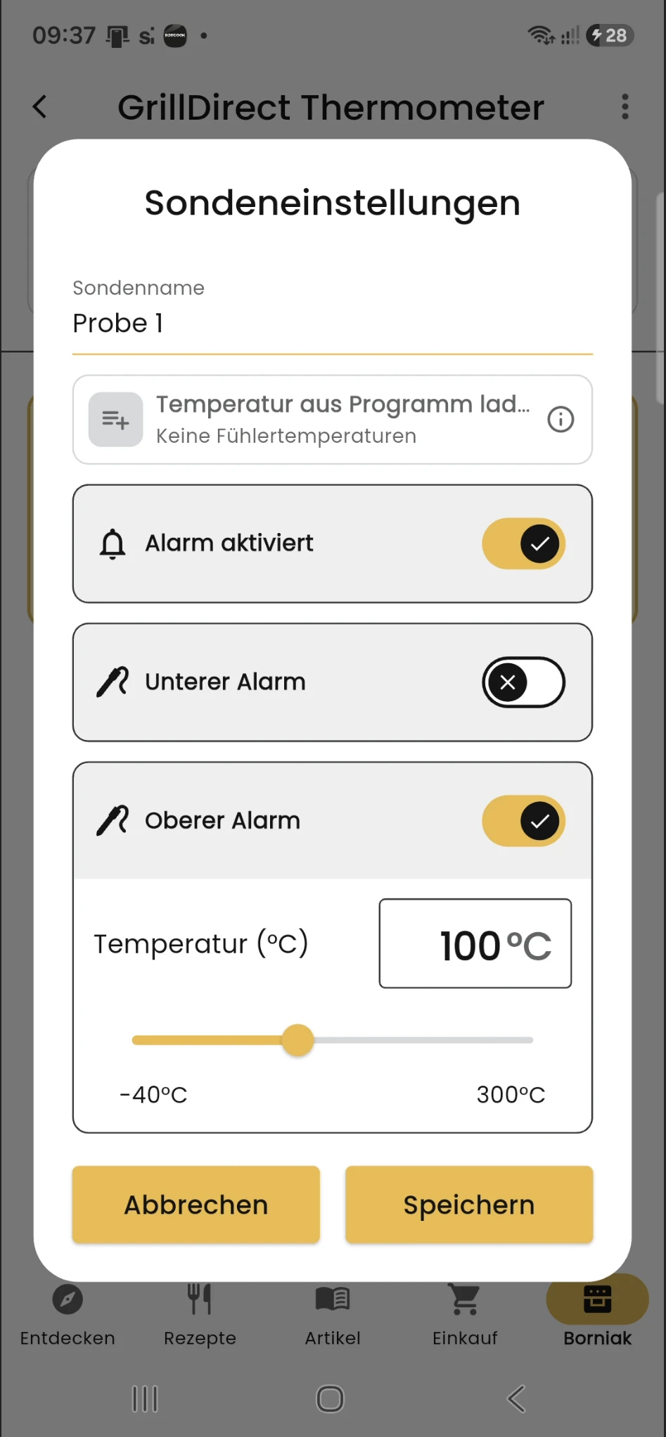 GrillDirect Sondenalarmeinstellungen