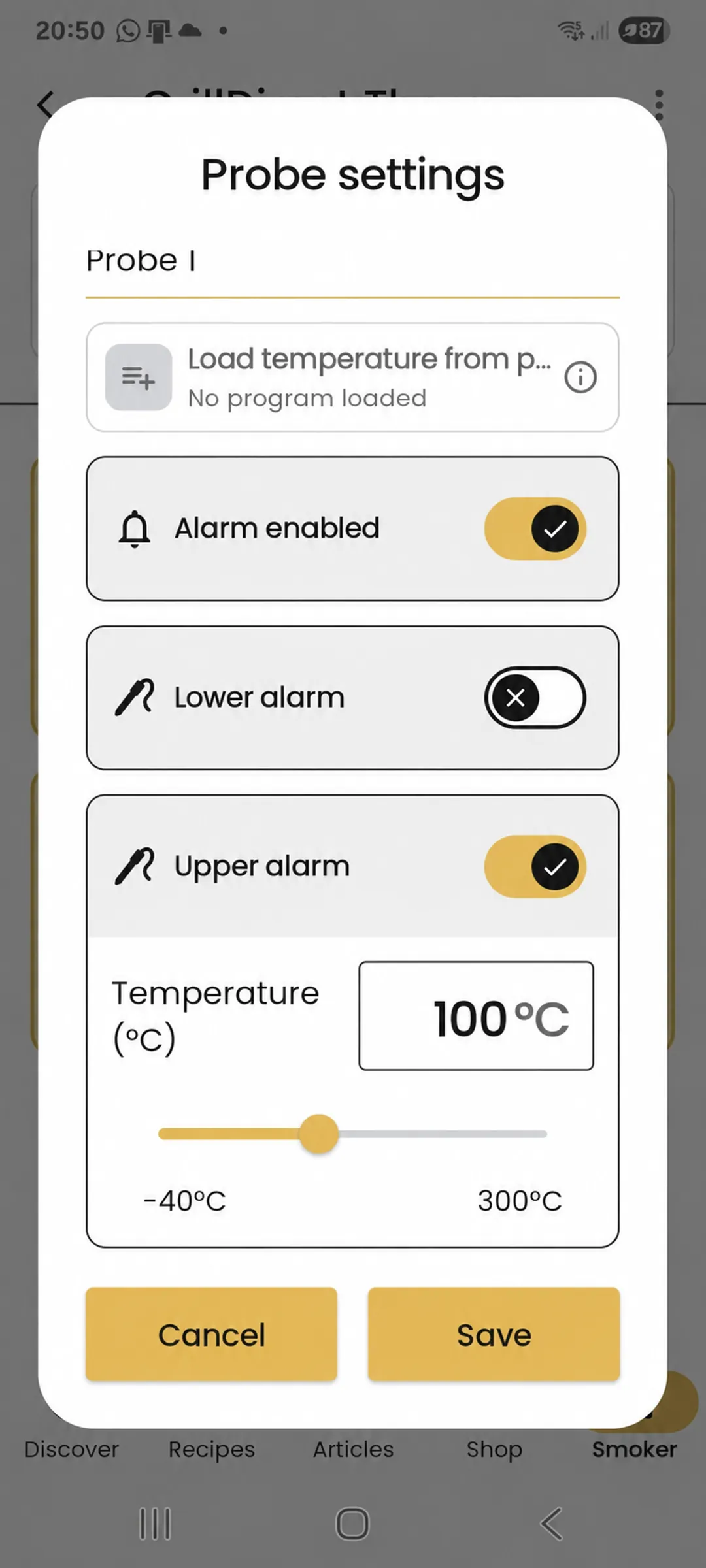 GrillDirect probe alarm settings