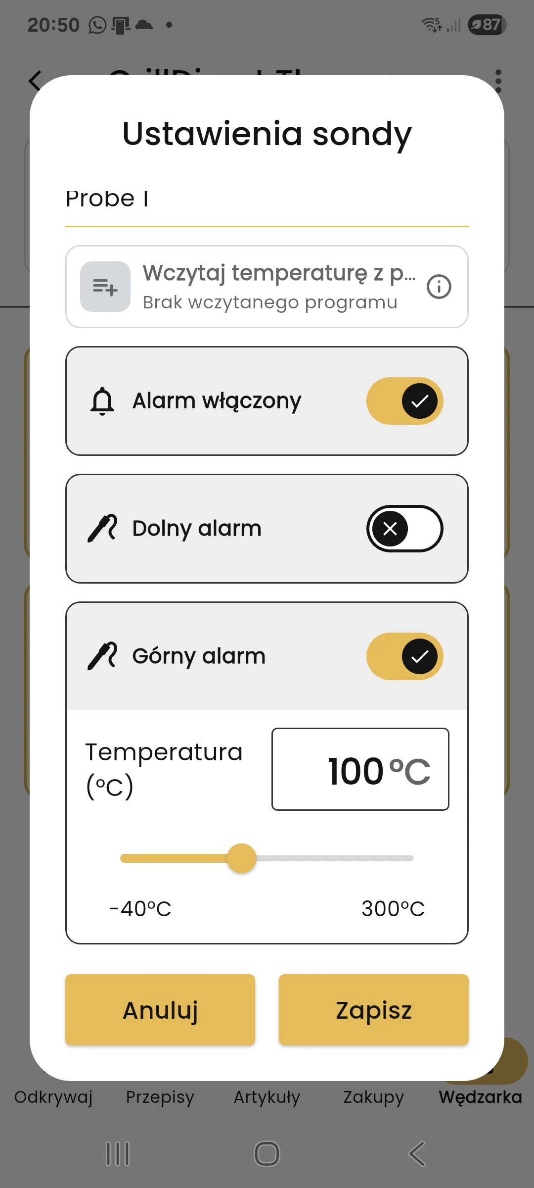 Ustawienia alarmów sondy GrillDirect