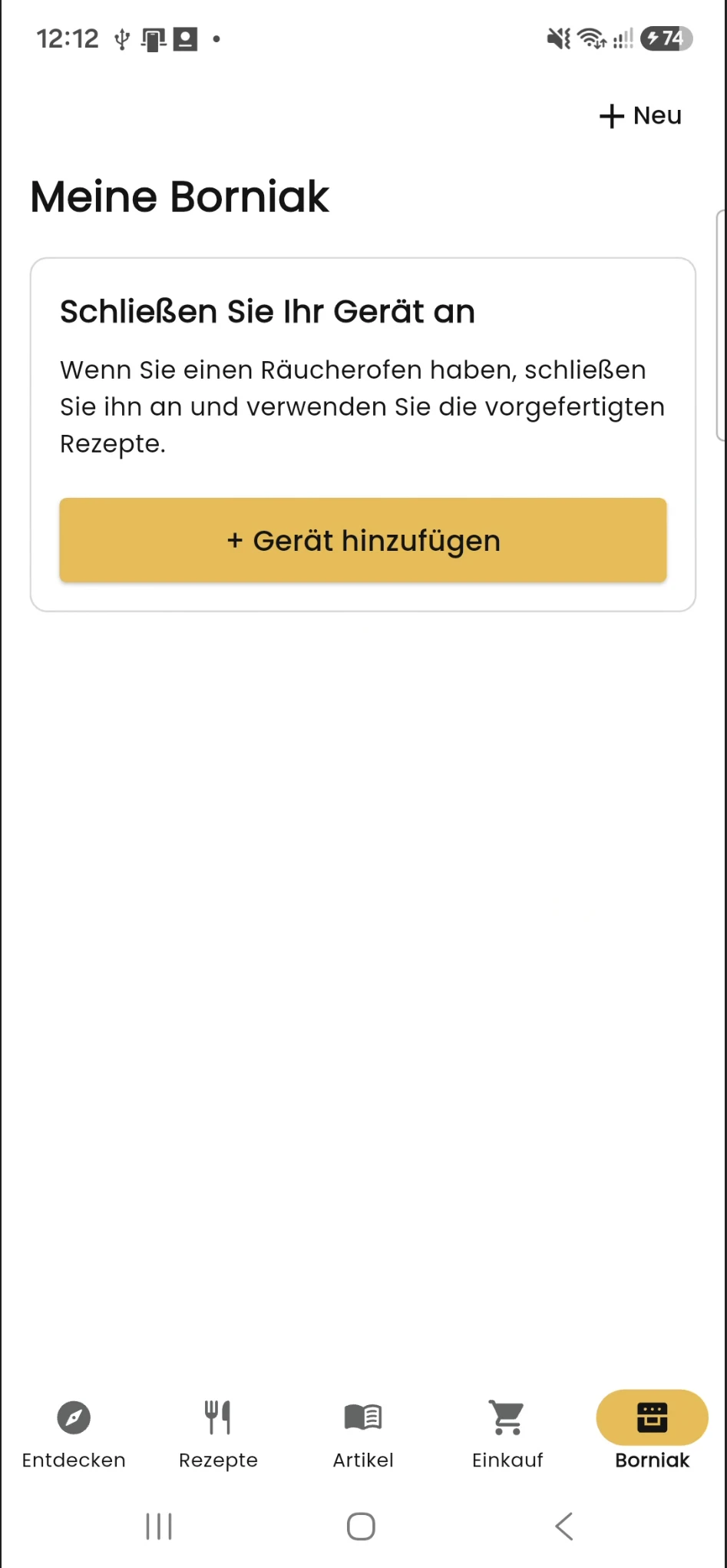 Der Tab Räucherofen und die Schaltfläche Gerät hinzufügen in BORCOOK