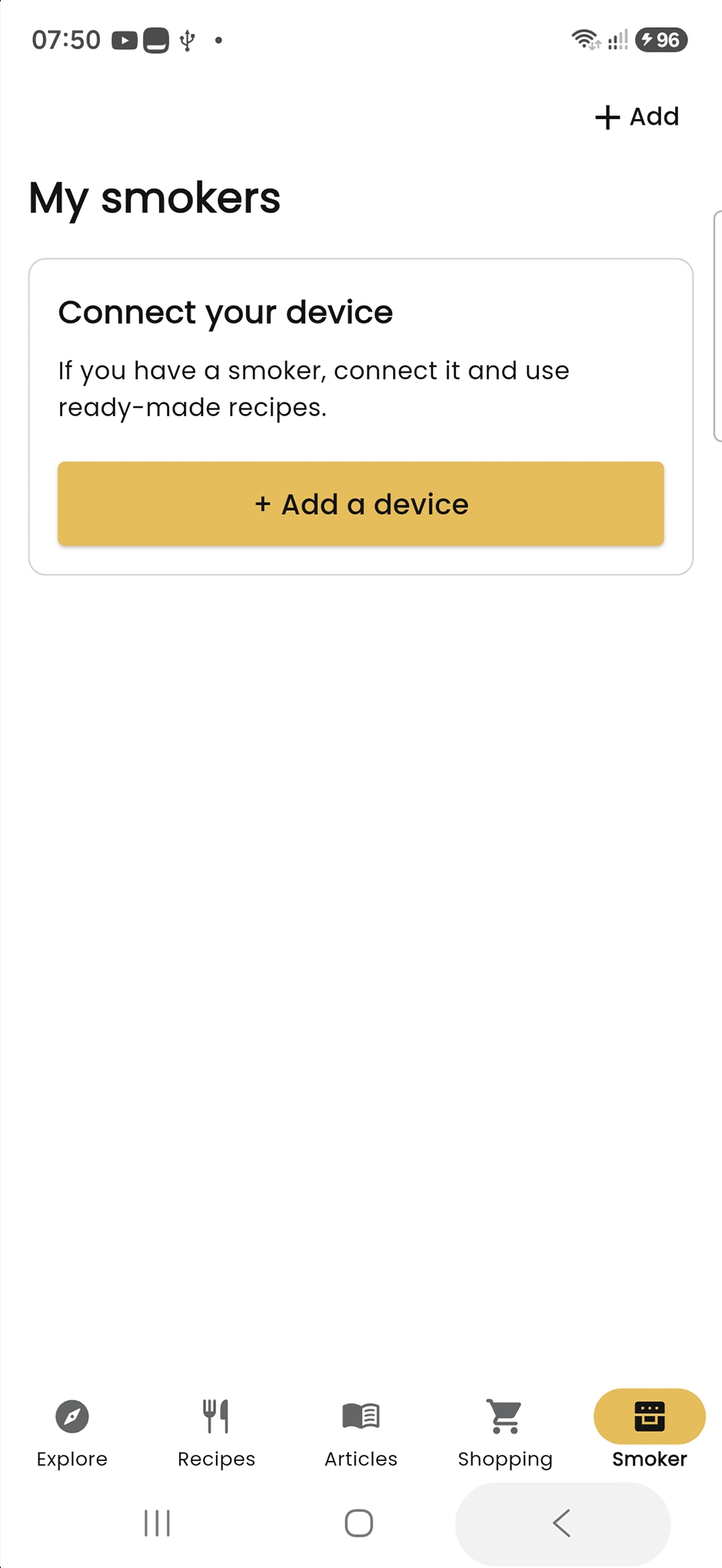 The Smoker tab and Add device button in BORCOOK