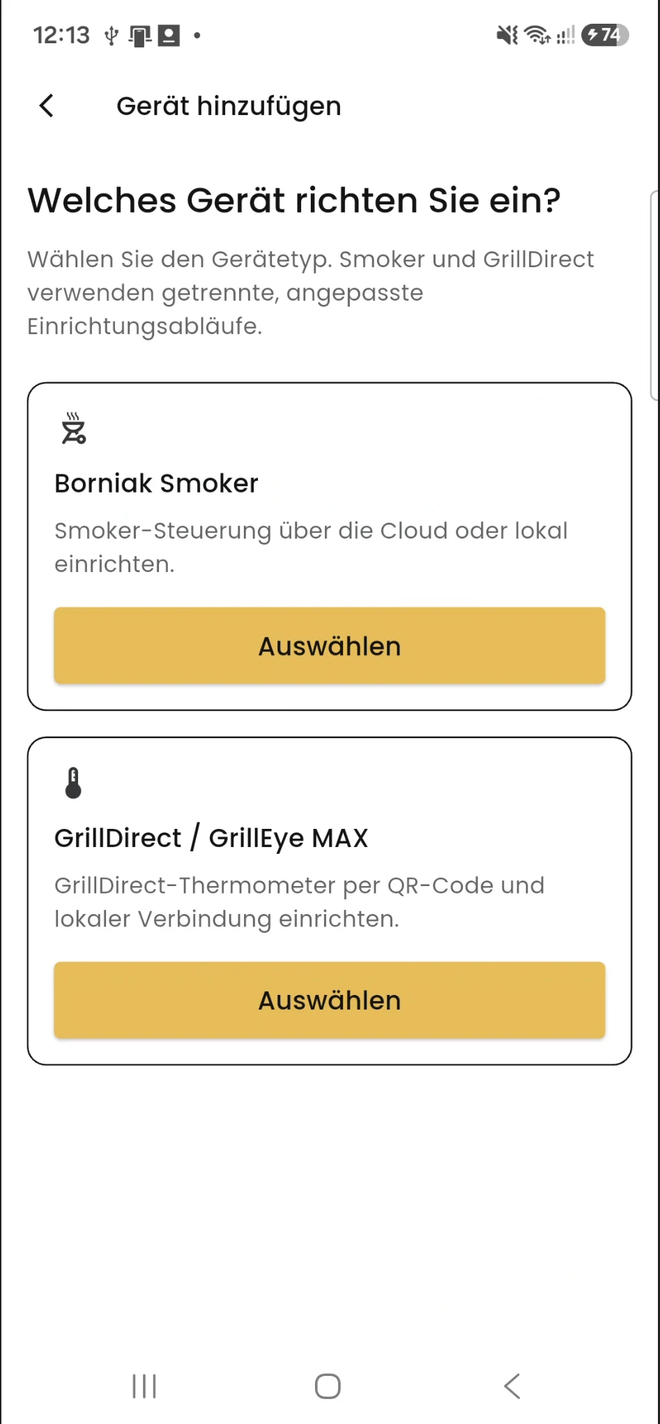 Gerätetyp Borniak Räucherofen in der BORCOOK App auswählen