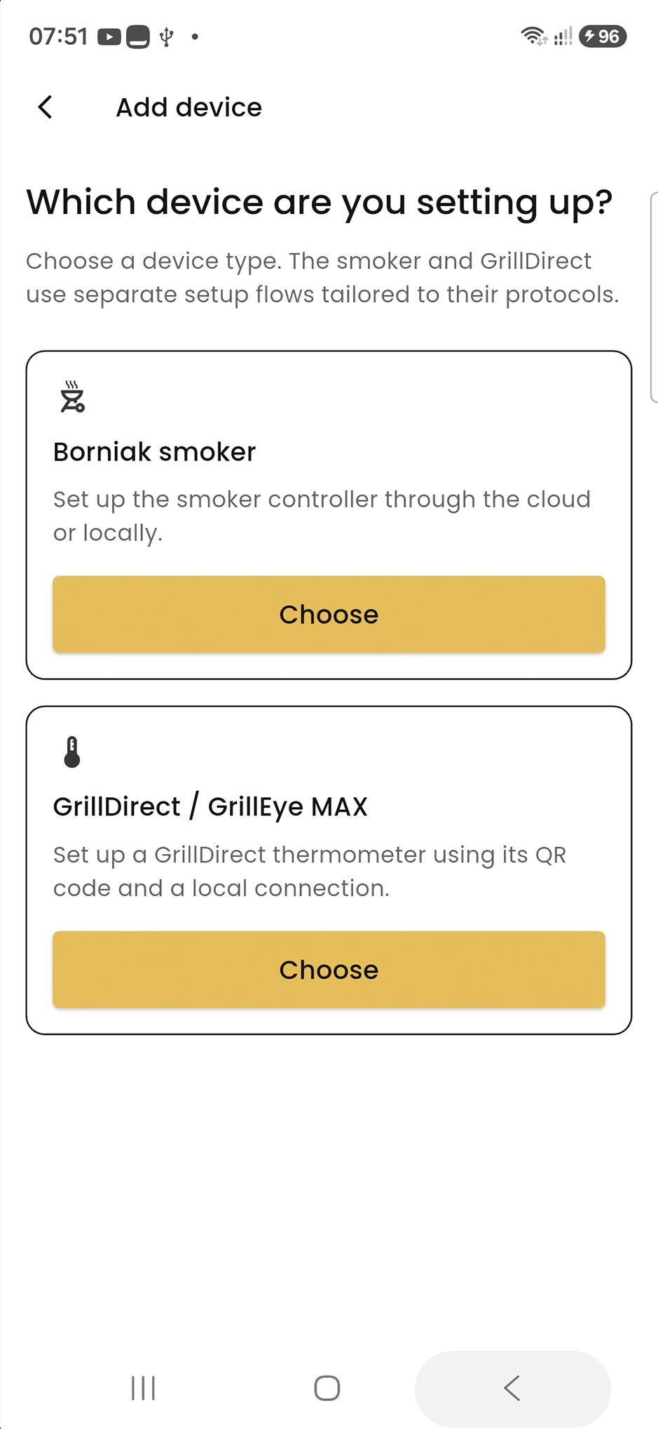 Selecting the Borniak smoker device type in the BORCOOK app