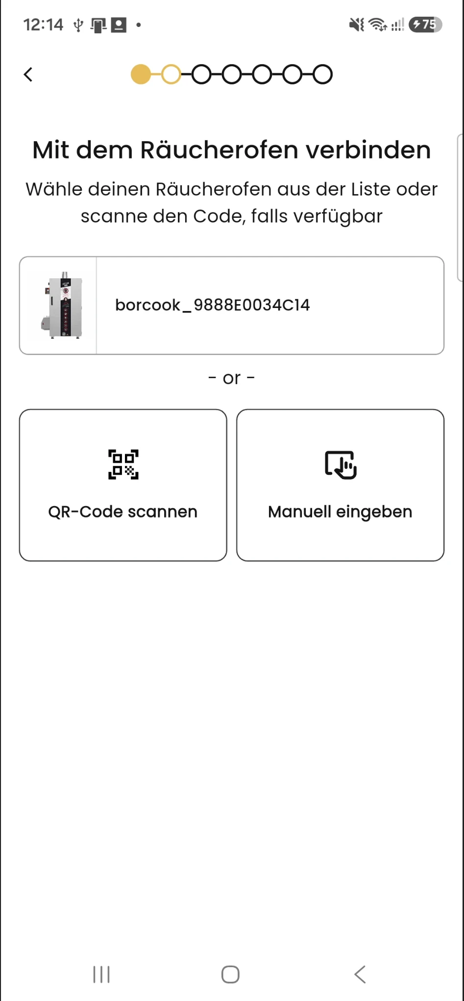 Räucherofen auswählen oder beim Koppeln den QR-Code scannen