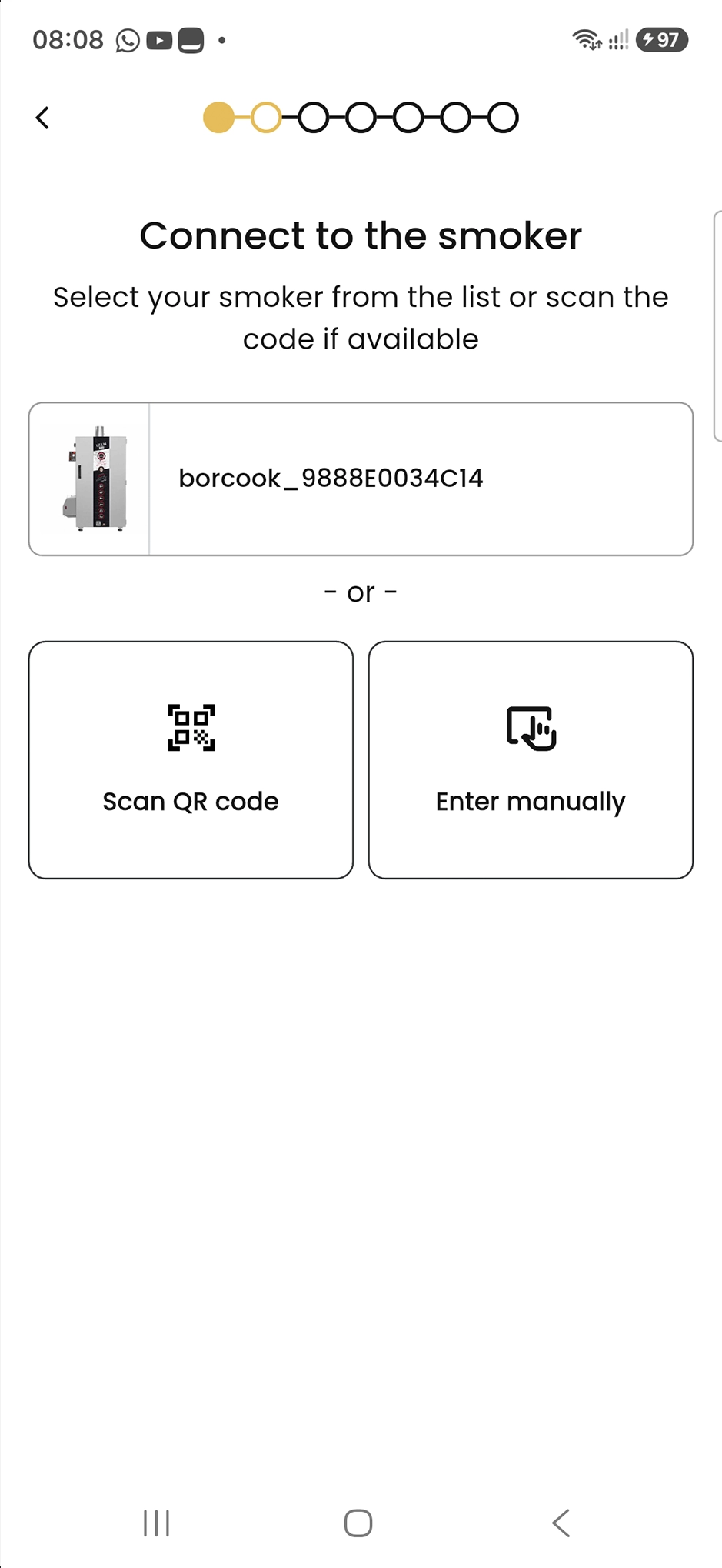 Selecting a smoker or scanning a QR code during pairing