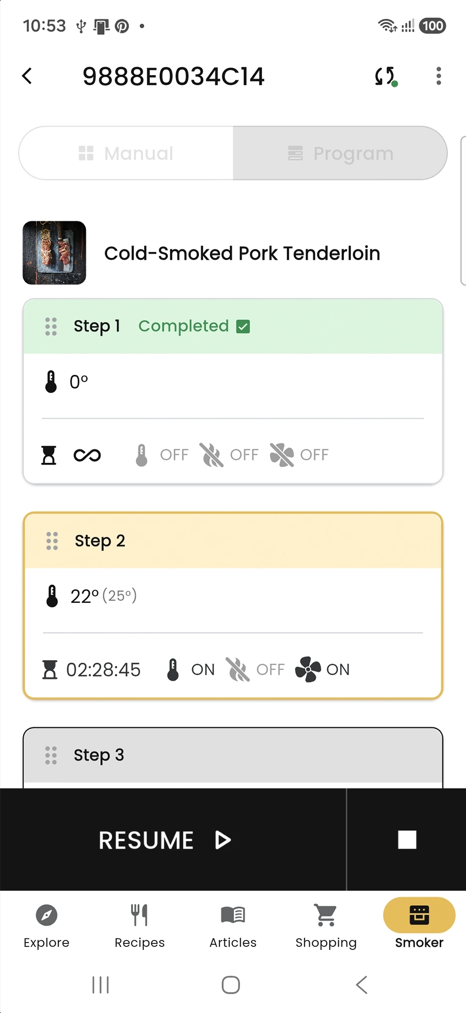 Paused BORCOOK program with Resume and Stop buttons