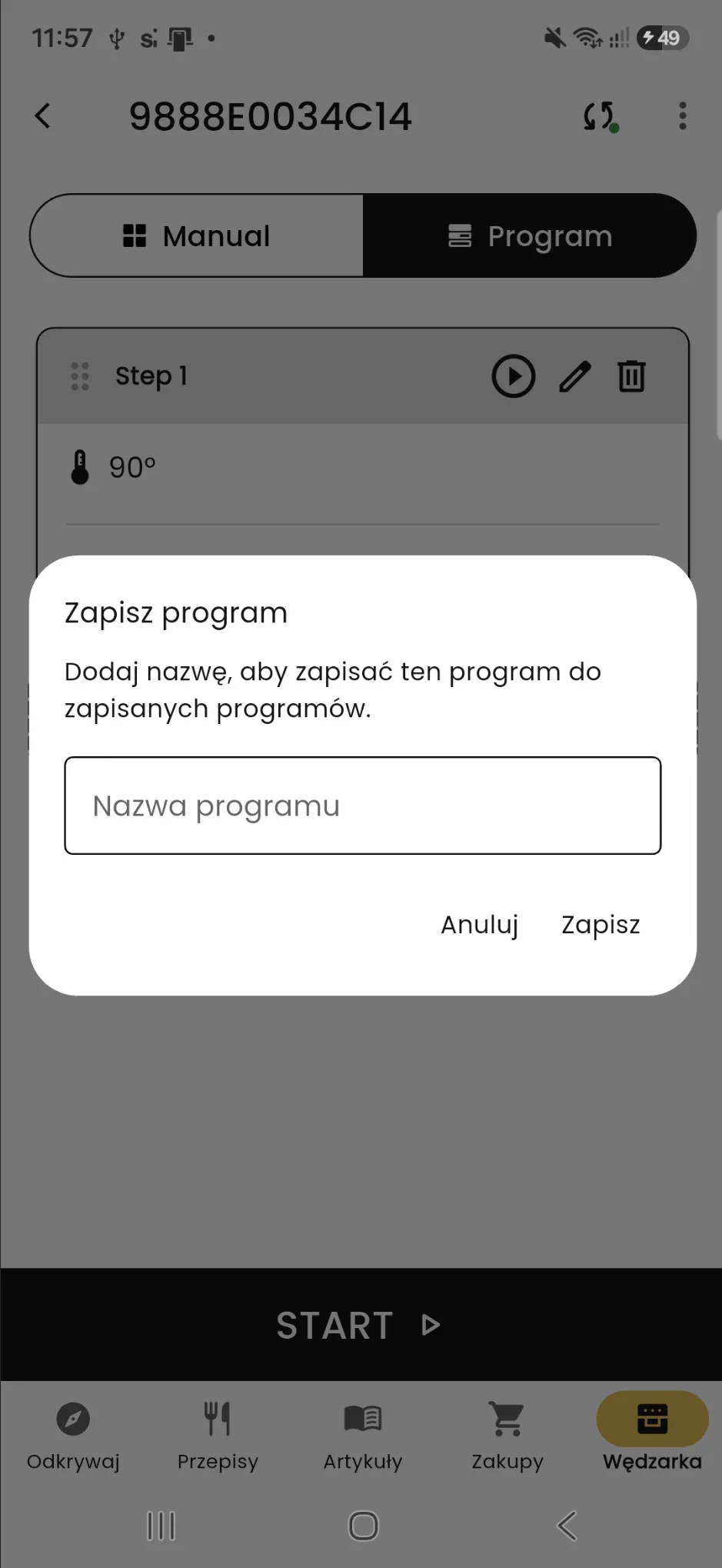 Okno zapisywania programu w BORCOOK