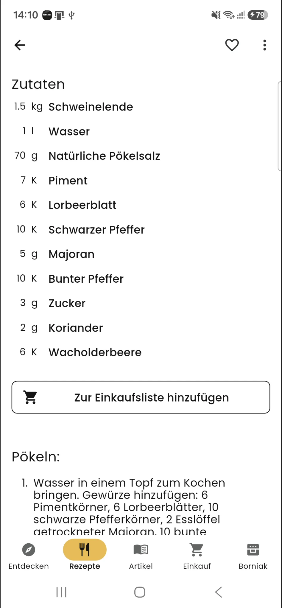 Rezeptzutaten und Schaltfläche zum Hinzufügen zur Einkaufsliste