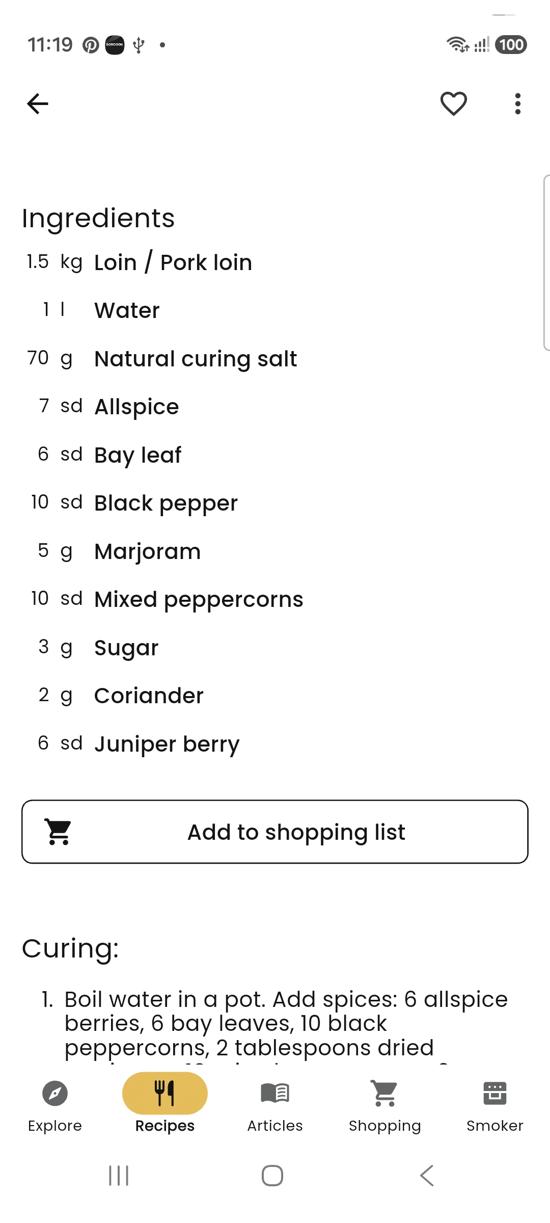 Recipe ingredients and the Add to shopping list button