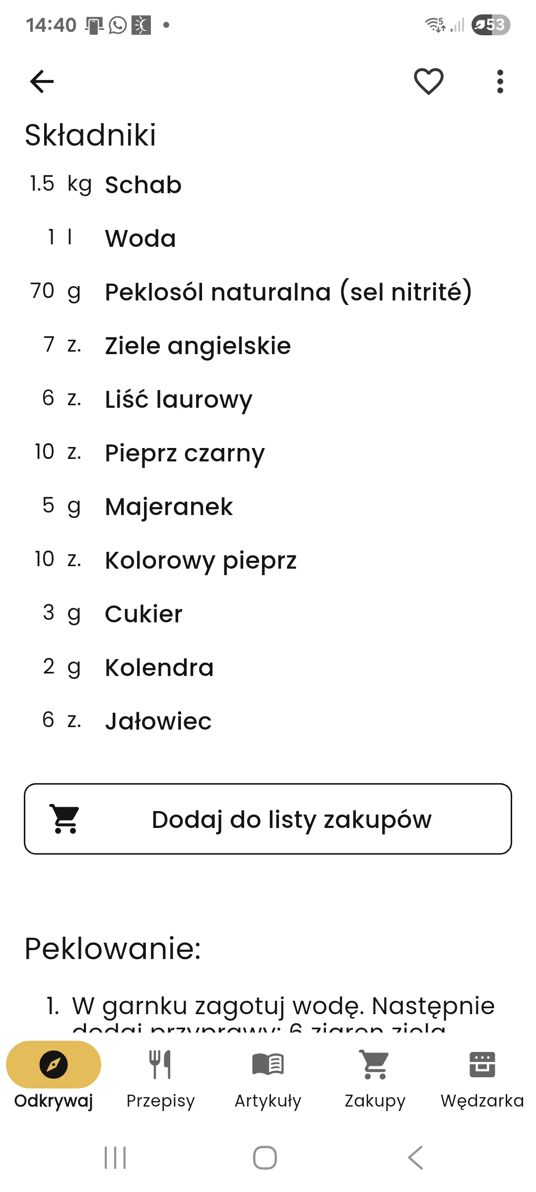 Składniki przepisu i przycisk dodawania do listy zakupów