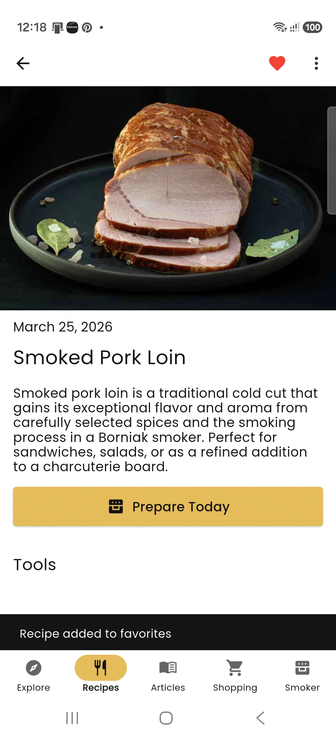 Adding a recipe to favourites