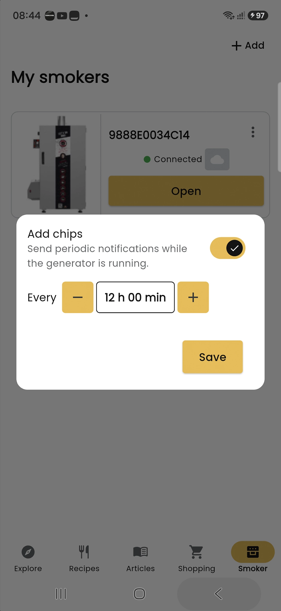 Setting a reminder to refill wood chips in BORCOOK