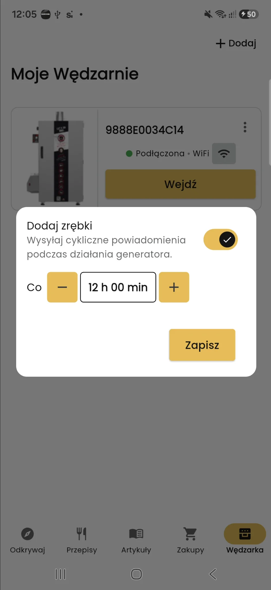 Ustawienie przypomnienia o uzupełnieniu zrębków w BORCOOK