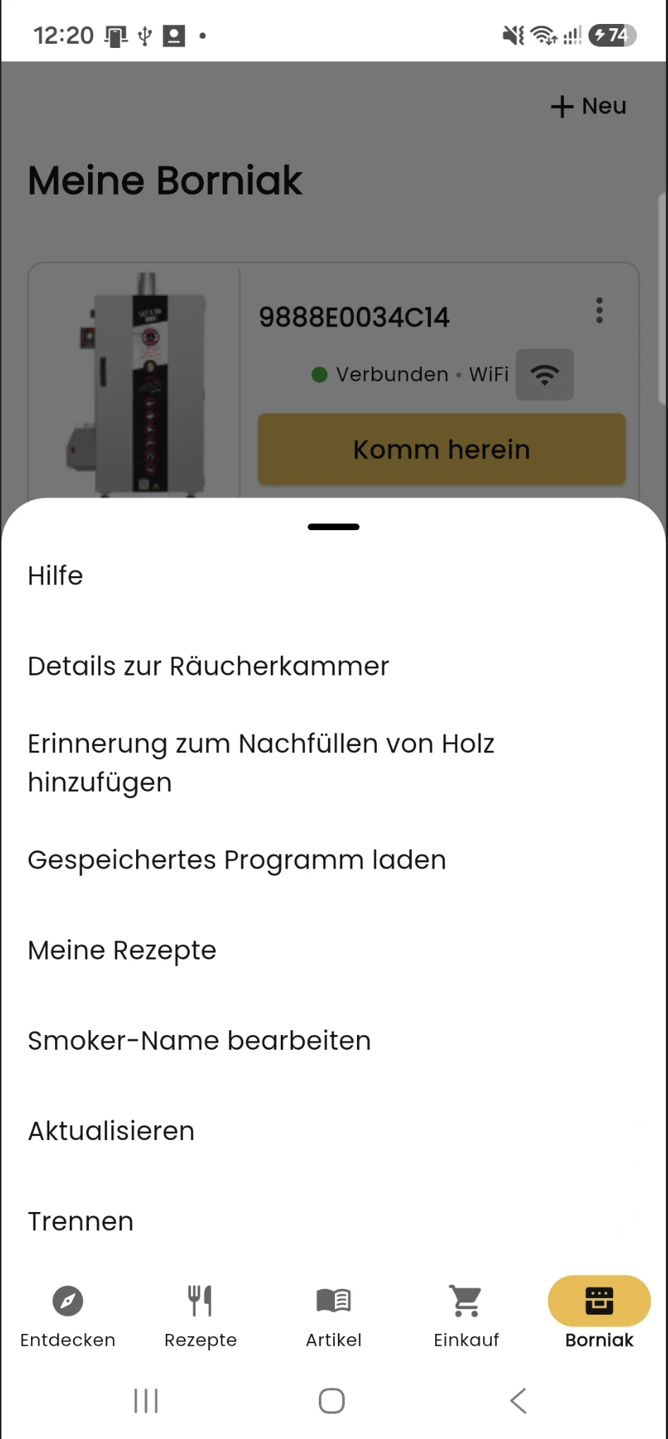 Menü des Räucherofens mit der Erinnerungsoption für Räucherchips