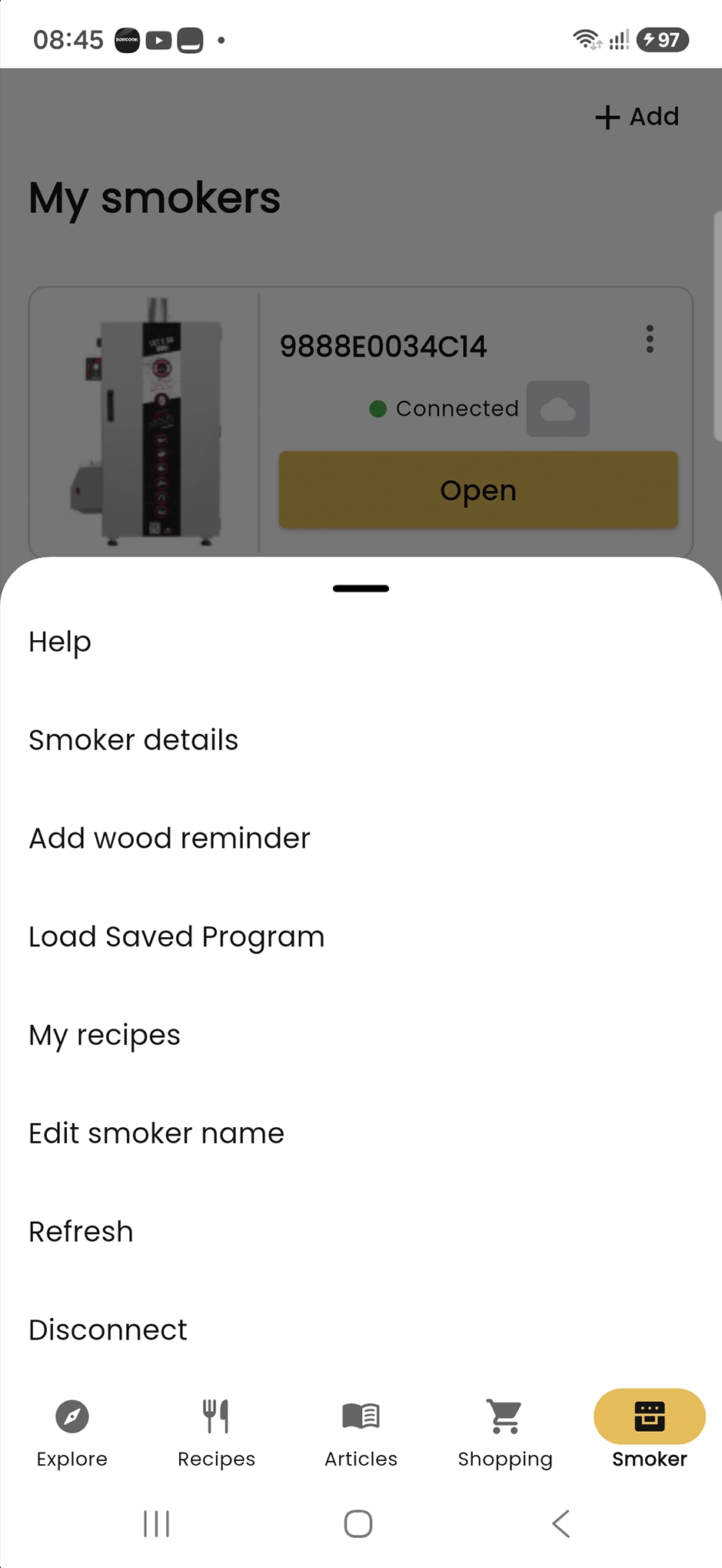 Smoker menu with the wood-chip reminder option